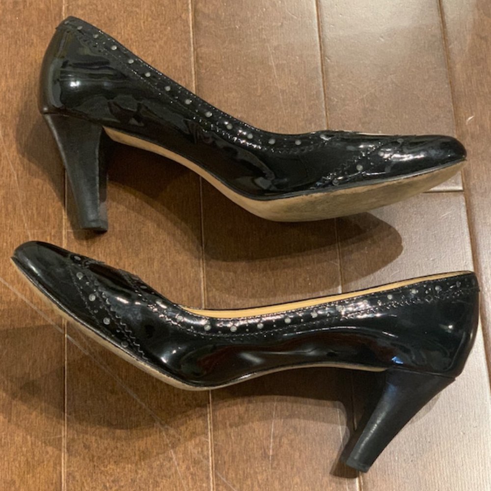 🔥3/$30 Cole Haan Patent Black Leather Kitten Heel Pumps Wing Tip Oxford 6B
